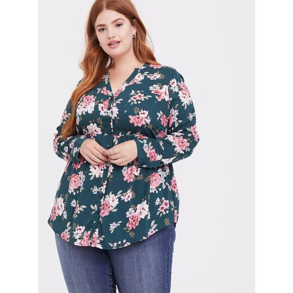 Torrid Women's Emma Babydoll Challis Button-Front Tunic Top Green Pink Size 3 - Picture 1 of 8